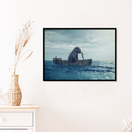 Plakat w ramie Słoń w łodzi na morzu