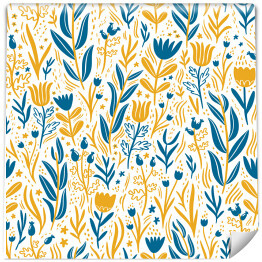 Tapeta winylowa zmywalna w rolce Złoty i niebieski kwiatowy wzór