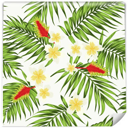 Tropikalny wzór z liści palmowych i egzotycznych kwiatów na białym tle