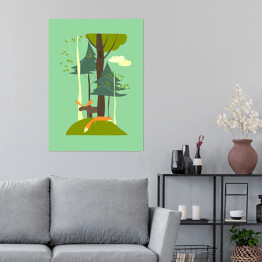 Plakat Letni krajobraz z drzewami, lisem i łosiem - ilustracja