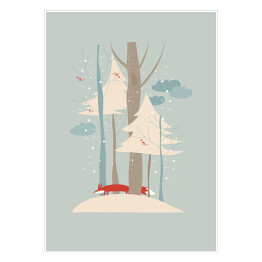 Plakat Zimowy krajobraz z drzewami i lisem
