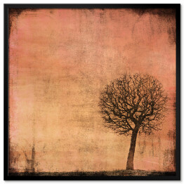 Plakat w ramie Ilustracja - samotne drzewo na łące na różowym tle