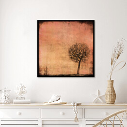 Plakat w ramie Ilustracja - samotne drzewo na łące na różowym tle