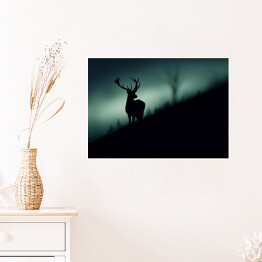 Plakat Sylwetka jelenia w lesie w odcieniach koloru szarego i niebieskiego