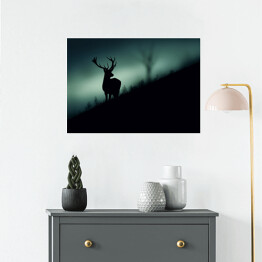 Plakat samoprzylepny Sylwetka jelenia w lesie w odcieniach koloru szarego i niebieskiego