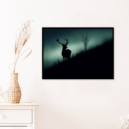 Plakat w ramie Sylwetka jelenia w lesie w odcieniach koloru szarego i niebieskiego