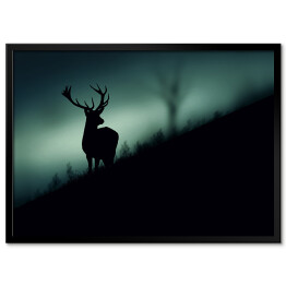 Plakat w ramie Sylwetka jelenia w lesie w odcieniach koloru szarego i niebieskiego