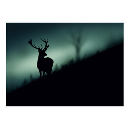 Plakat samoprzylepny Sylwetka jelenia w lesie w odcieniach koloru szarego i niebieskiego