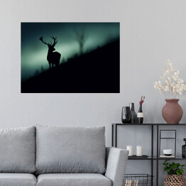 Plakat Sylwetka jelenia w lesie w odcieniach koloru szarego i niebieskiego