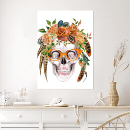 Akwarela - czaszka w modnych okularach, ozdobiona kwiatami i piórami
