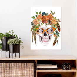 Plakat Akwarela - czaszka w modnych okularach, ozdobiona kwiatami i piórami