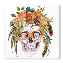 Akwarela - czaszka w modnych okularach, ozdobiona kwiatami i piórami
