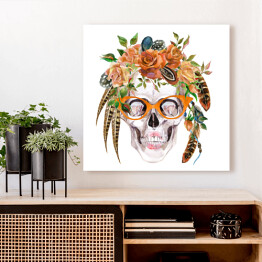 Obraz na płótnie Akwarela - czaszka w modnych okularach, ozdobiona kwiatami i piórami