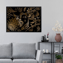 Obraz w ramie Złoty zarys ptaków, chryzantem i owoców granatu na czarnym tle