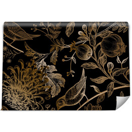 Fototapeta winylowa zmywalna Złoty zarys ptaków, chryzantem i owoców granatu na czarnym tle
