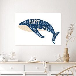 Plakat Typografia z wielorybem na białym tle