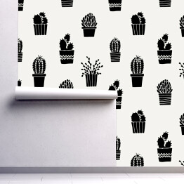 Tapeta w rolce Rysowane czarne kaktusy z białymi elementami