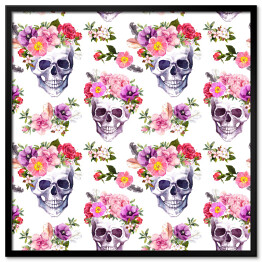 Plakat w ramie Ludzkie czaszki w wieńcach z kwiatów