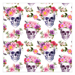 Plakat samoprzylepny Ludzkie czaszki w wieńcach z kwiatów