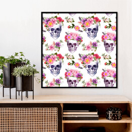 Plakat w ramie Ludzkie czaszki w wieńcach z kwiatów
