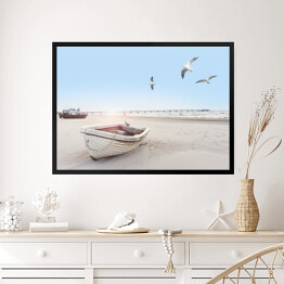 Obraz w ramie Piękny obraz plaży z łodzią i mewami
