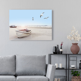 Obraz klasyczny Piękny obraz plaży z łodzią i mewami