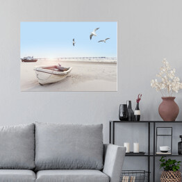 Plakat Piękny obraz plaży z łodzią i mewami