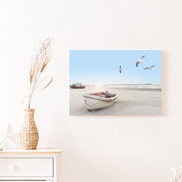 Obraz klasyczny Piękny obraz plaży z łodzią i mewami