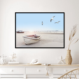 Plakat w ramie Piękny obraz plaży z łodzią i mewami
