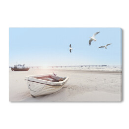 Obraz na płótnie Piękny obraz plaży z łodzią i mewami