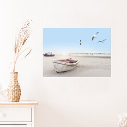 Plakat Piękny obraz plaży z łodzią i mewami