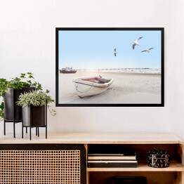 Obraz w ramie Piękny obraz plaży z łodzią i mewami