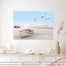 Plakat samoprzylepny Piękny obraz plaży z łodzią i mewami