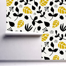 Tapeta samoprzylepna w rolce Kanciaste czarne i żółte listki na białym tle