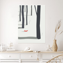 Plakat Zimowy krajobraz z lasem i lisem