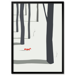 Plakat w ramie Zimowy krajobraz z lasem i lisem