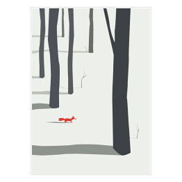 Plakat Zimowy krajobraz z lasem i lisem