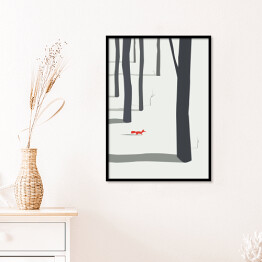 Plakat w ramie Zimowy krajobraz z lasem i lisem