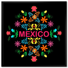 Plakat w ramie Meksyk - kolorowe kwiaty i wzory na czarnym tle