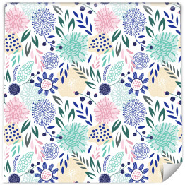 Tapeta winylowa zmywalna w rolce Wzór z niebieskich, błękitnych i różowych kwiatów
