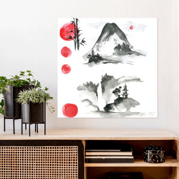 Plakat samoprzylepny Czarno czerwona akwarela japońska z bambusem