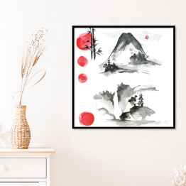 Plakat w ramie Czarno czerwona akwarela japońska z bambusem