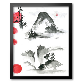 Obraz w ramie Czarno czerwona akwarela japońska z bambusem