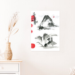 Plakat Czarno czerwona akwarela japońska z bambusem