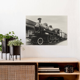 Plakat Włoska lokomotywa parowa na stacji w Turynie, Włochy