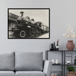 Plakat w ramie Włoska lokomotywa parowa na stacji w Turynie, Włochy