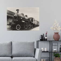 Plakat samoprzylepny Włoska lokomotywa parowa na stacji w Turynie, Włochy