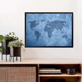 Obraz w ramie Mapa świata z cyfr binarnych w niebieskim kolorze