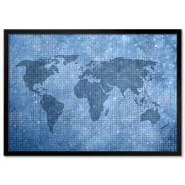Plakat w ramie Mapa świata z cyfr binarnych w niebieskim kolorze