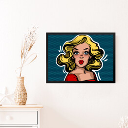 Obraz w ramie Pop art - blond kobieta w czerwonej sukience na granatowym tle